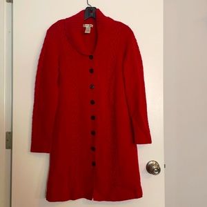 Orvis Wool Red Cashmere Cable Button Down Cardigan Duster Size Small